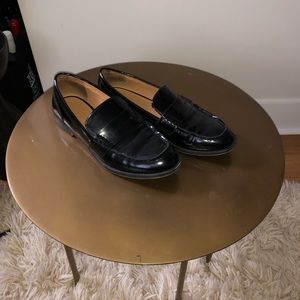 black faux leather loafers